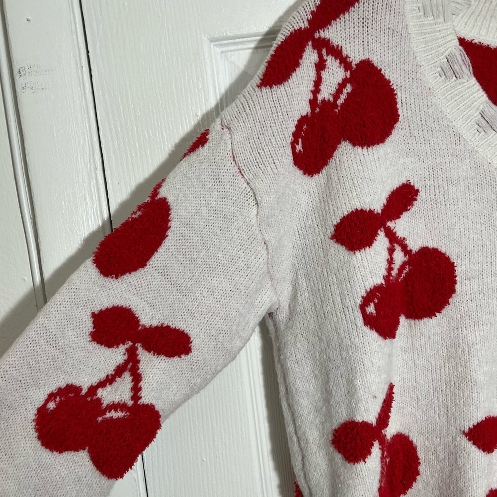 ALTAR’D STATE Cherry Print White V-Neck Distressed Sherpa Sweater | size small - Picture 5 of 10